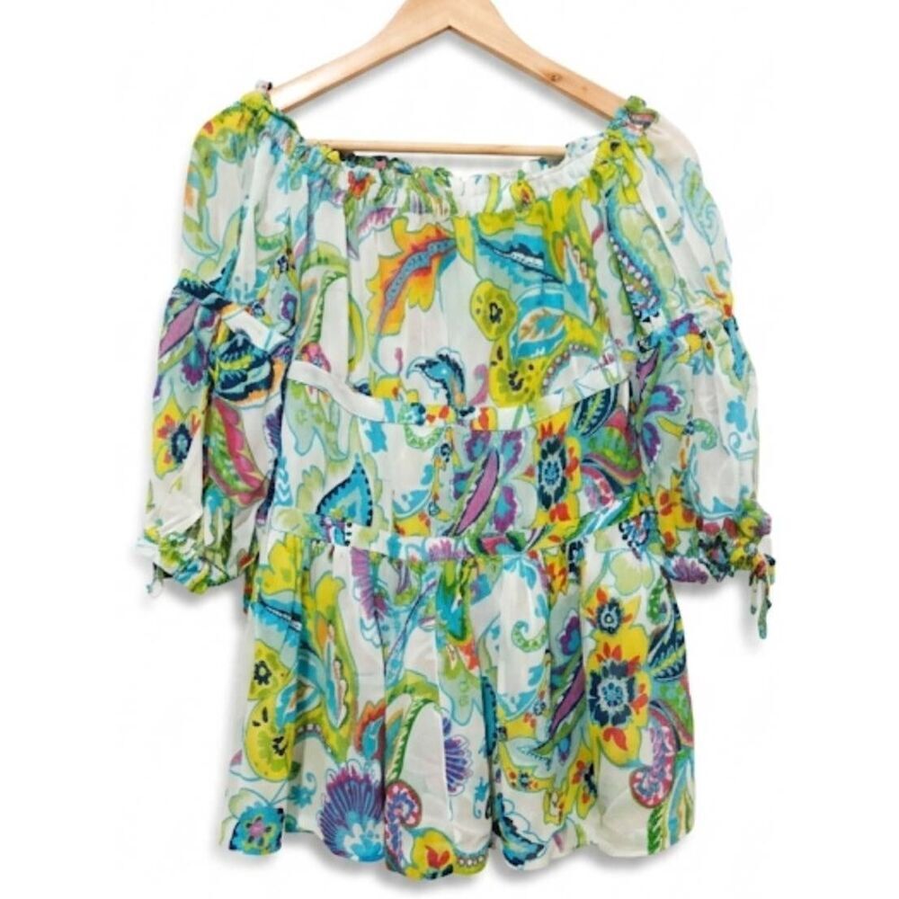 Maeve‎ womens medium boat neck green paisley 100% viscose silk like top sheer